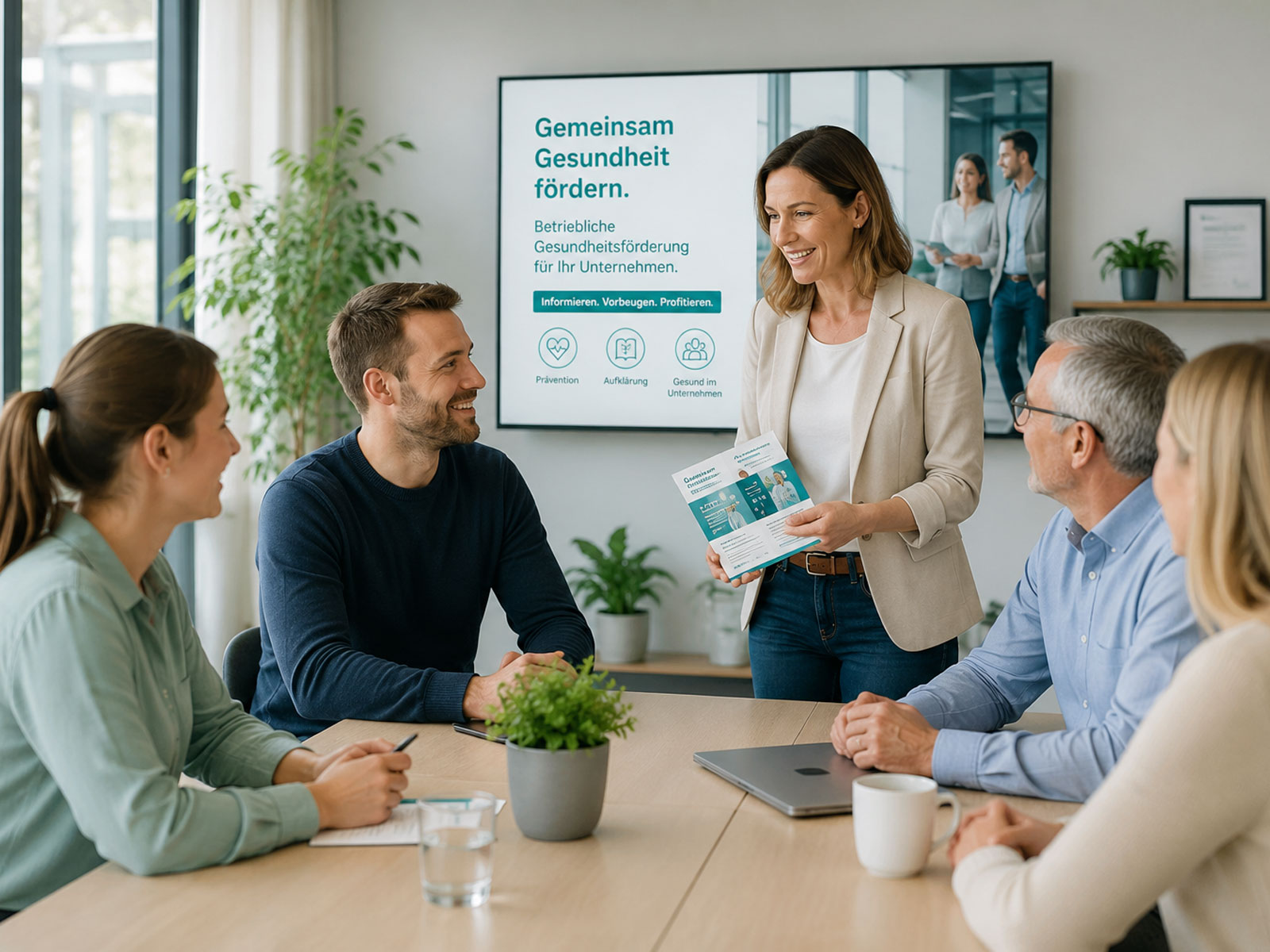 Mitarbeitende informieren sich über eine betriebliche Gesundheitsförderungsmaßnahme